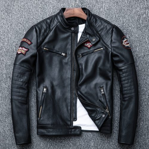 Áo khoác da Moto nam, da bò thật cổ đứng AKD023 Đen