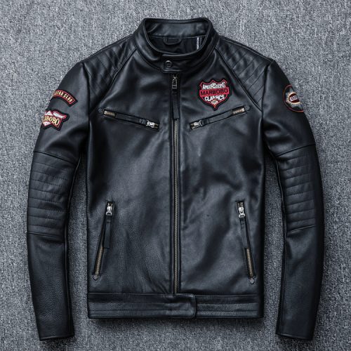 Áo khoác da Moto nam, da bò thật cổ đứng AKD023 Đen