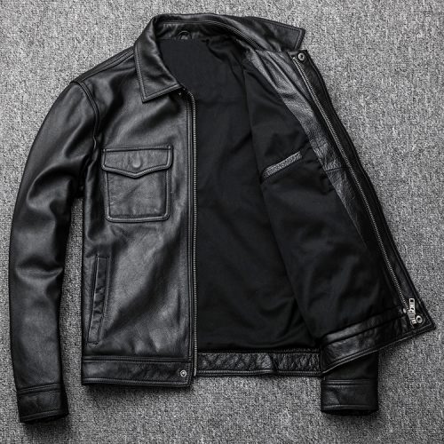 Áo da nam kiểu dáng mới, da bò thật có big size Navy AKD014 Đen