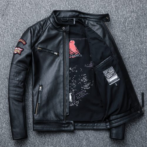 Áo khoác da Moto nam, da bò thật cổ đứng AKD023 Đen