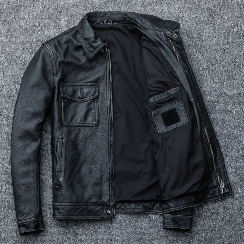 Áo da nam kiểu dáng mới, da bò thật có big size Navy AKD014 Đen
