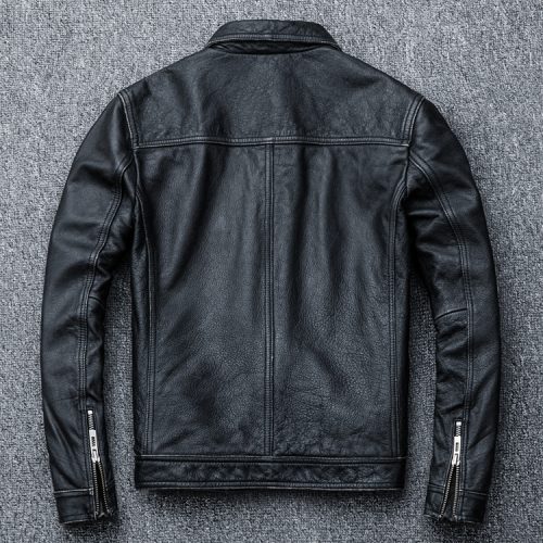 Áo da nam kiểu dáng mới, da bò thật có big size Navy AKD014 Đen