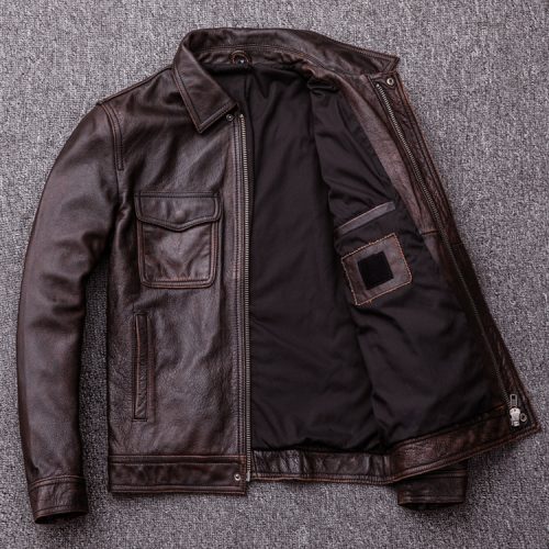 Áo da nam kiểu dáng mới, da bò thật có big size Navy AKD014 Đen