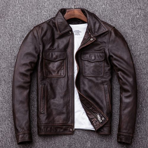 Áo da nam kiểu dáng mới, da bò thật có big size Navy AKD014 Đen