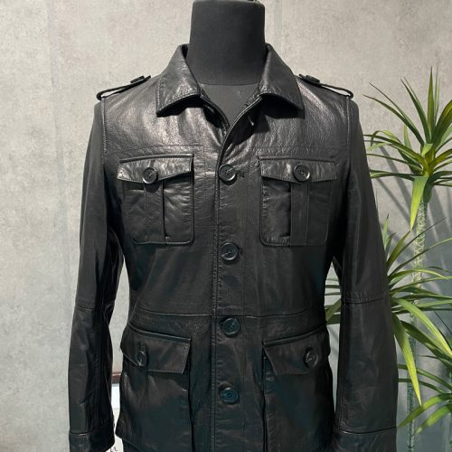 Áo da nam thời trang da bò thật Navy AKD005 Da sáp đen