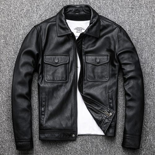 Áo da nam kiểu dáng mới, da bò thật có big size Navy AKD014 Đen