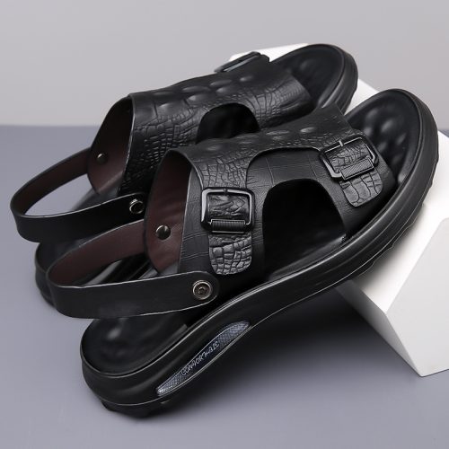 Dép da nam cỡ lớn, cao su gót cao 2-3cm Navy GTD041 – Màu nâu