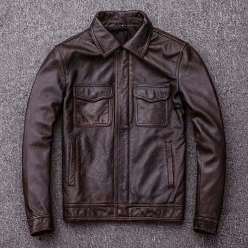 Áo da nam kiểu dáng mới, da bò thật có big size Navy AKD014 Đen