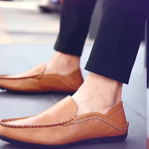 Giày lười da bò cao cấp, cao su gót cao 2-3cm Navy GTD042-Lười xanh đậm