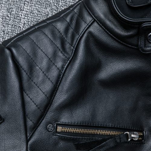 Áo khoác da Moto nam, da bò thật cổ đứng AKD023 Đen