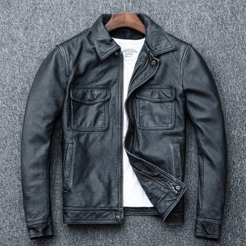 Áo da nam kiểu dáng mới, da bò thật có big size Navy AKD014 Đen