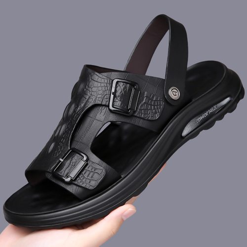 Dép da nam cỡ lớn, cao su gót cao 2-3cm Navy GTD041 – Màu nâu