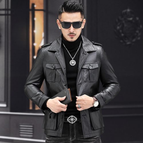 Áo da nam thời trang da bò thật Navy AKD005 Da sáp đen