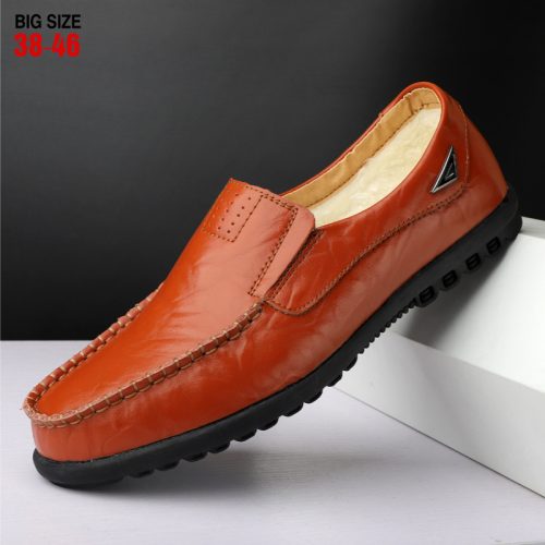 Giày lười big size da bò thật, cao su gót cao 2-3cm Navy GTD043- Giày lười nâu đỏ