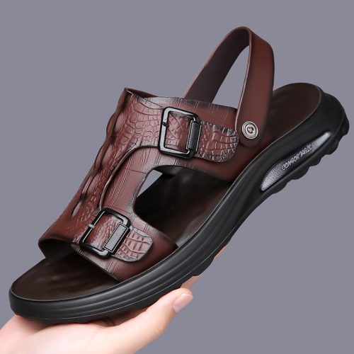 Dép da nam cỡ lớn, cao su gót cao 2-3cm Navy GTD041 – Màu nâu