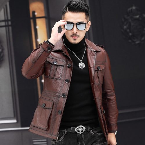 Áo da nam thời trang da bò thật Navy AKD005 Da sáp đen