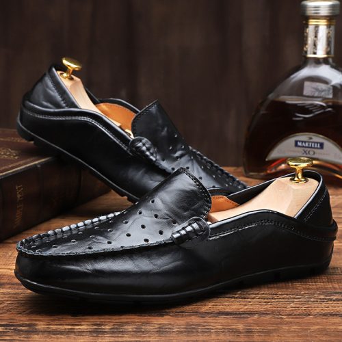 Giày lười da bò cao cấp, cao su gót cao 2-3cm Navy GTD042-Lười xanh đậm