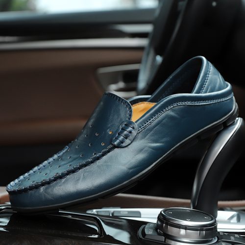 Giày lười da bò cao cấp, cao su gót cao 2-3cm Navy GTD042-Lười xanh đậm