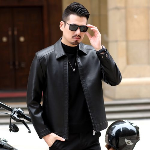 Áo da cừu nam đi Moto AKD044 Đen lót lông