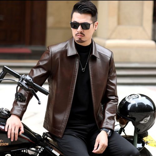 Áo da cừu nam đi Moto AKD044 Đen lót lông