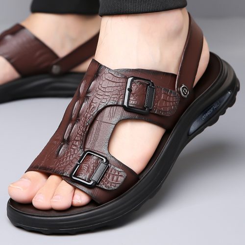 Dép da nam cỡ lớn, cao su gót cao 2-3cm Navy GTD041 – Màu nâu