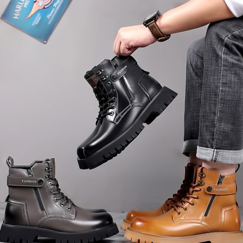 Boot da nam đẹp, cao su gót cao 4-5cm Navy GTD024-Xám