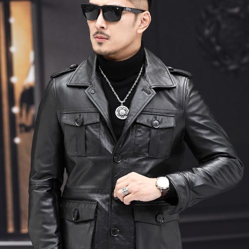 Áo da nam thời trang da bò thật Navy AKD005 Da sáp đen