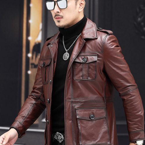 Áo da nam thời trang da bò thật Navy AKD005 Da sáp đen
