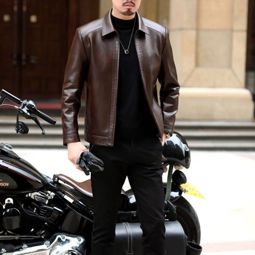 Áo da cừu nam đi Moto AKD044 Đen lót lông