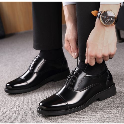 Giày tây công sở, cao su gót cao 3-4cm Navy GTD029-1018 Buộc dây (da bò)