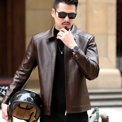 Áo da cừu nam đi Moto AKD044 Đen lót lông