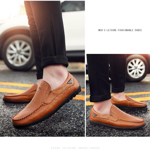 Giày lười big size da bò thật, cao su gót cao 2-3cm Navy GTD043- Giày lười nâu đỏ
