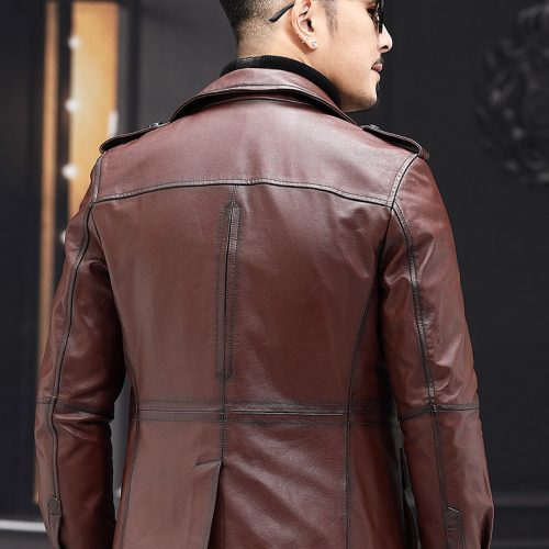 Áo da nam thời trang da bò thật Navy AKD005 Da sáp đen