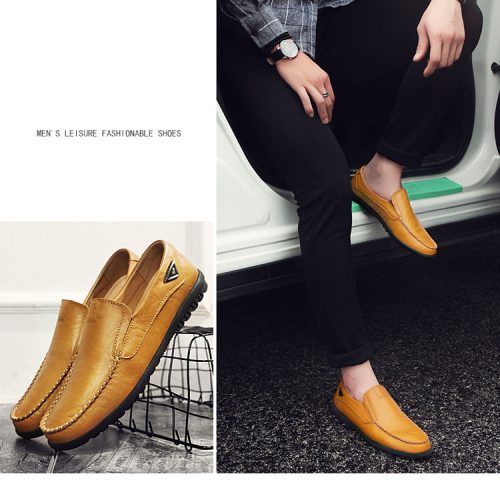 Giày lười big size da bò thật, cao su gót cao 2-3cm Navy GTD043- Giày lười nâu đỏ