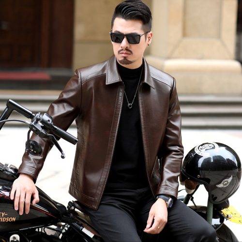 Áo da cừu nam đi Moto AKD044 Đen lót lông