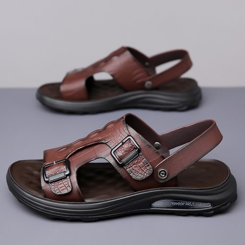 Dép da nam cỡ lớn, cao su gót cao 2-3cm Navy GTD041 – Màu nâu