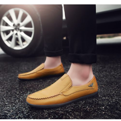 Giày lười big size da bò thật, cao su gót cao 2-3cm Navy GTD043- Giày lười nâu đỏ