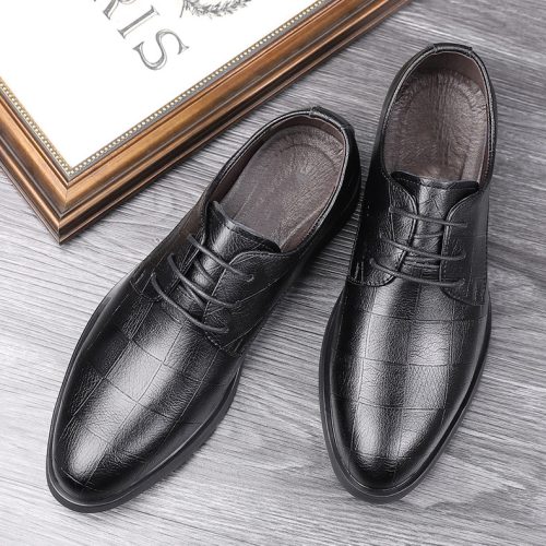 Giày tây cao cấp, cao su gót cao 3-4cm Navy GTD010- Đen (dệt trơn) big size từ 35-50