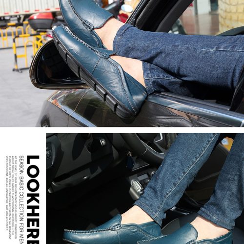 Giày lười da bò cao cấp, cao su gót cao 2-3cm Navy GTD042-Lười xanh đậm