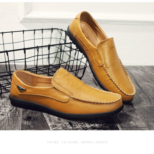 Giày lười big size da bò thật, cao su gót cao 2-3cm Navy GTD043- Giày lười nâu đỏ