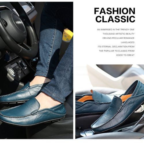Giày lười da bò cao cấp, cao su gót cao 2-3cm Navy GTD042-Lười xanh đậm