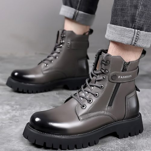 Boot da nam đẹp, cao su gót cao 4-5cm Navy GTD024-Xám
