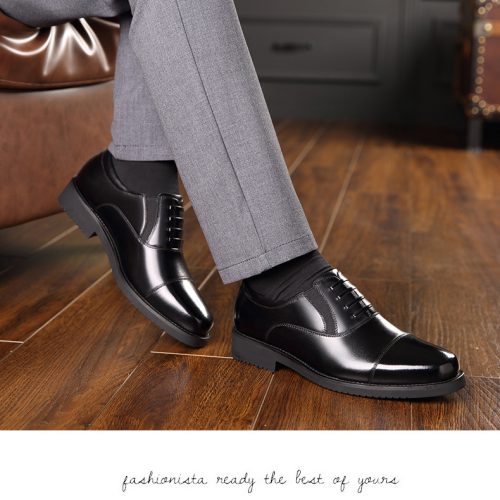 Giày tây công sở, cao su gót cao 3-4cm Navy GTD029-1018 Buộc dây (da bò)