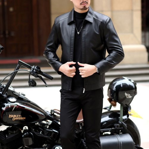 Áo da cừu nam đi Moto AKD044 Đen lót lông