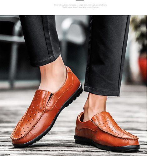 Giày lười big size da bò thật, cao su gót cao 2-3cm Navy GTD043- Giày lười nâu đỏ
