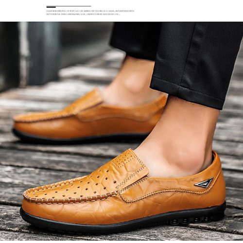 Giày lười big size da bò thật, cao su gót cao 2-3cm Navy GTD043- Giày lười nâu đỏ