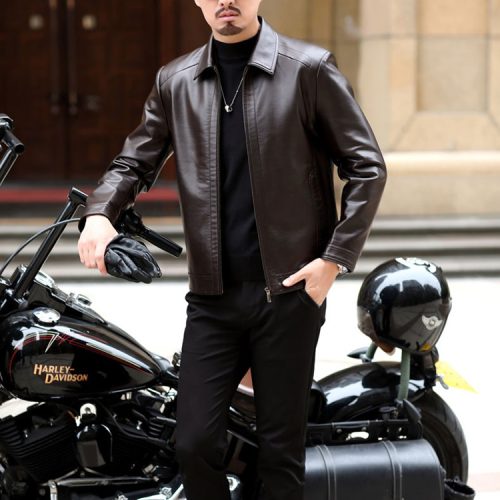 Áo da cừu nam đi Moto AKD044 Đen lót lông