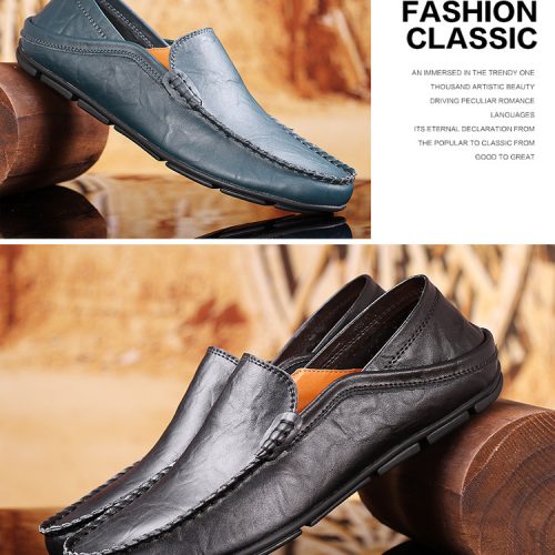 Giày lười da bò cao cấp, cao su gót cao 2-3cm Navy GTD042-Lười xanh đậm