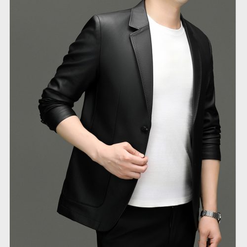Áo vest da cừu thật, Áo Blaser da thật nam AKD042 Đen