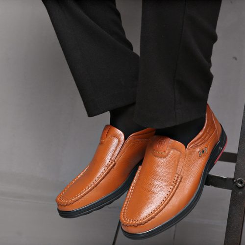 Giày lười công sở da bò, cao su gót cao 2-3cm Navy GTD028-Màu vàng